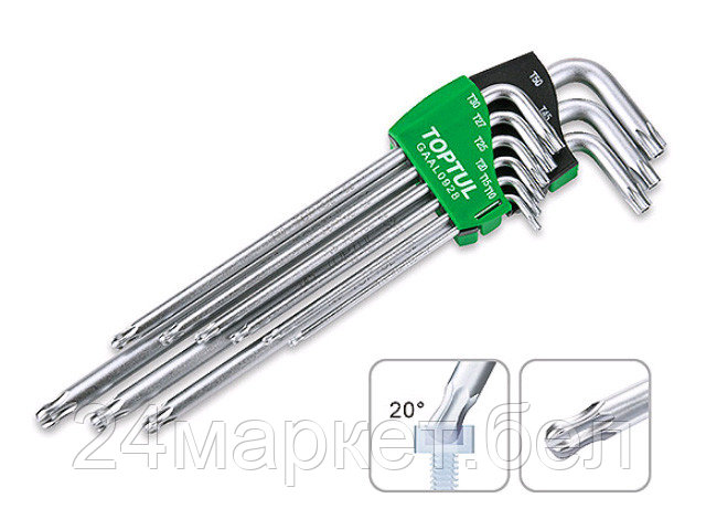 Набор ключей Torx T10-Т50 9шт длинных, с отверстием и шариком TOPTUL GAAL0928