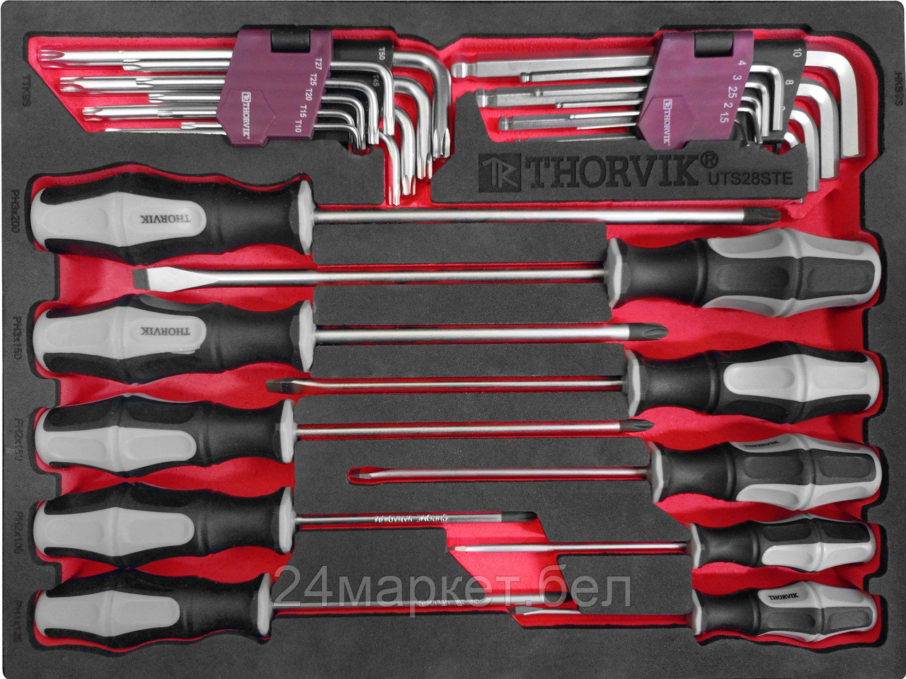 Thorvik UTS28STE UTS28STE Набор отверток и торцевых ключей в EVA ложементе 280х375 мм, 28 предметов
