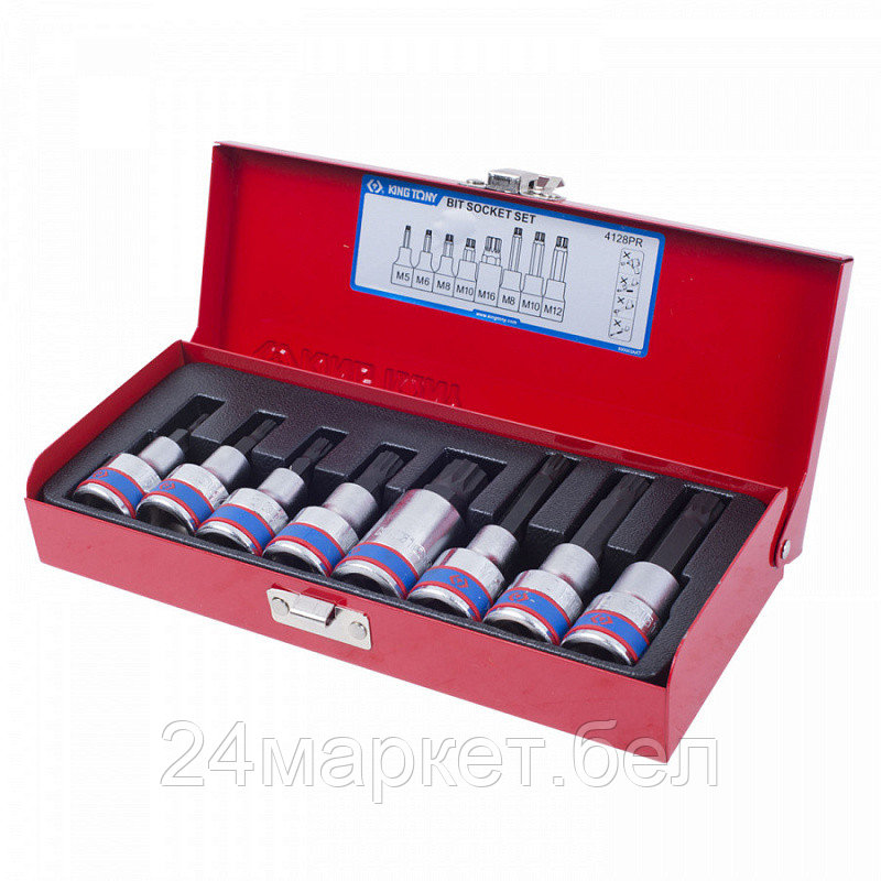 KING TONY 4128PR KING TONY Набор торцевых насадок 1/2", SPLINE, M5-M16, L = 80 мм, 8 предметов
