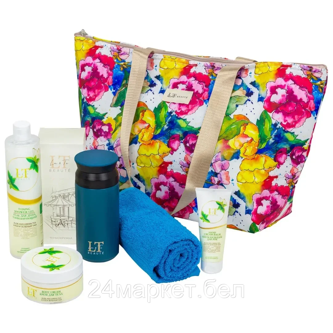 LT-21Bag La and Te beaute Набор Алоэ и Зеленый чай(термосумка LT-BB2.крем для тела.крем бальзам для рук.гель для душа.термокружка голубая.полотенце в ассотрименте)