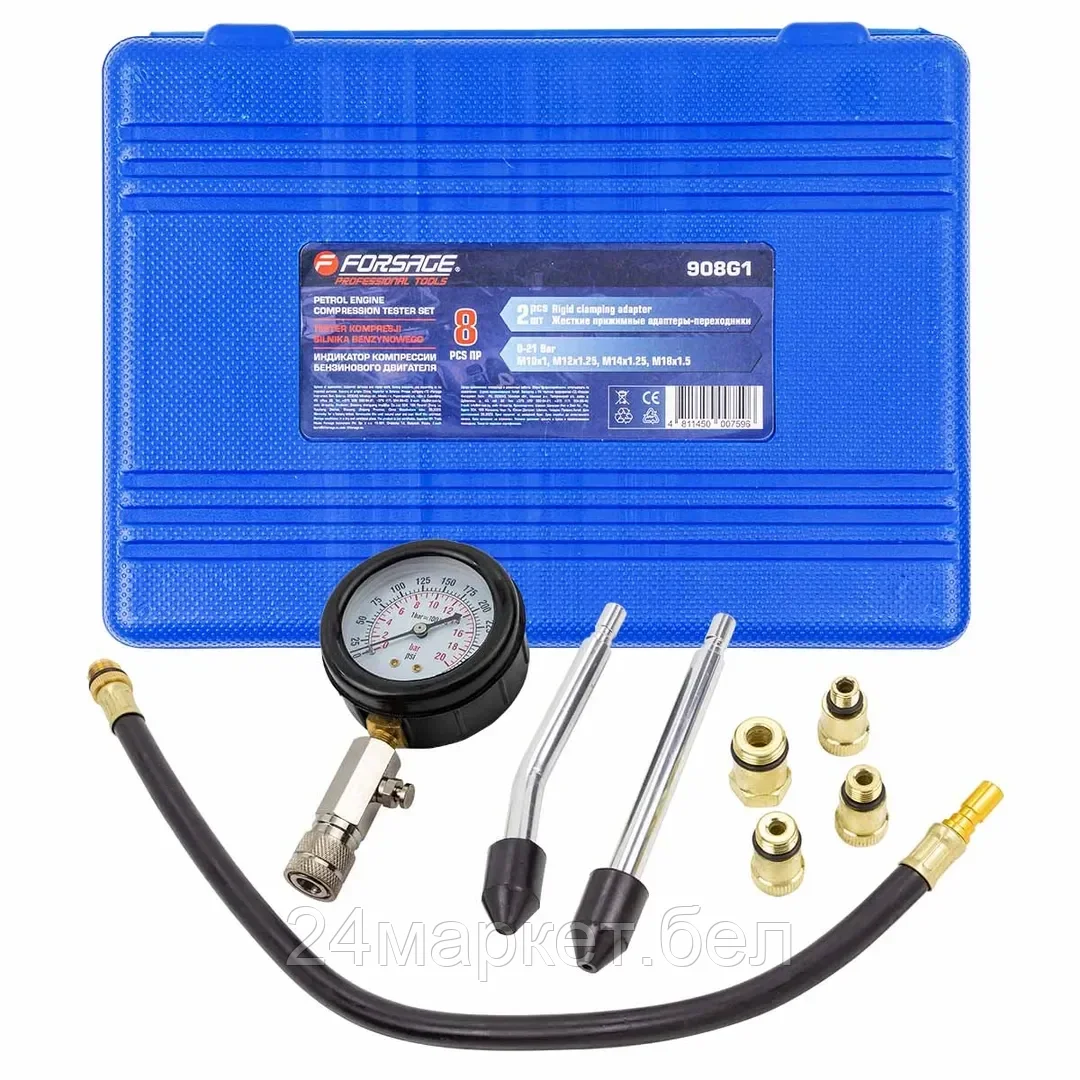 FORSAGE Индикатор компрессии бензинового двигателя Profi 8пр.(0-21Bar, М10, М12, М14, М18 + 2 жестких прижимных адаптера-переходника) , в кейсе Forsage F-908G1