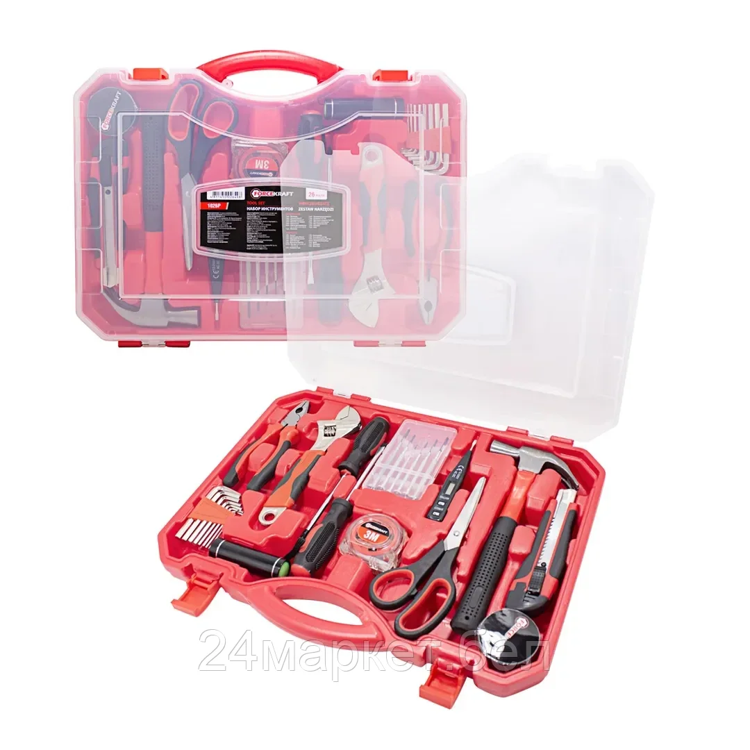 Набор инструментов 26пр.(шарнирно-губцевый,отвертки,молоток,рулетка,ножницы,фонарик) FORCEKRAFT FK-1026P
