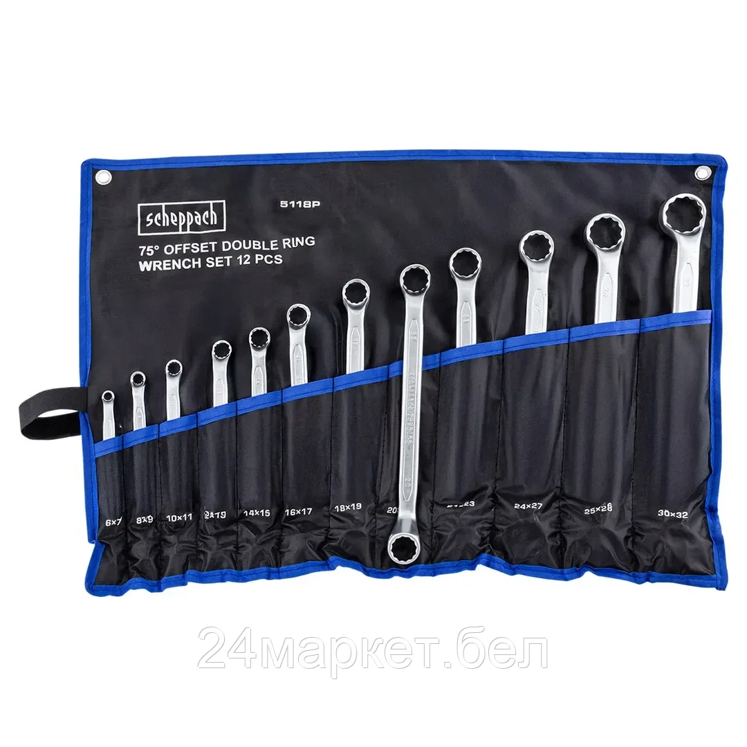 Sch-5118P Ключи накидные отогнутые на 75град., набор 12пр. (6х7, 8х9, 10х11, 12х13, 14х15, 16х17, 18х19, 20х22, 21х23, 24х27, 25х28, 30х32мм) Scheppach