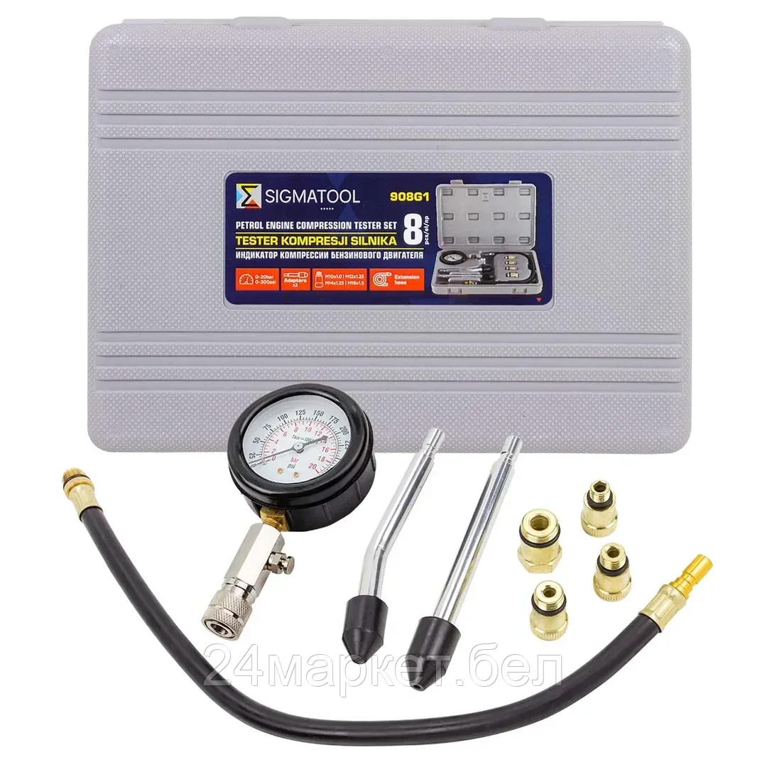 Sigmatool-908G1 SIGMATOOL Индикатор компрессии бензинового двигателя 8пр.(0-20Bar, М10х1.0, М12х1.25, М14х1.25, М18х1.5 + 2 жестких прижимных адаптера-переходника),в кейсе