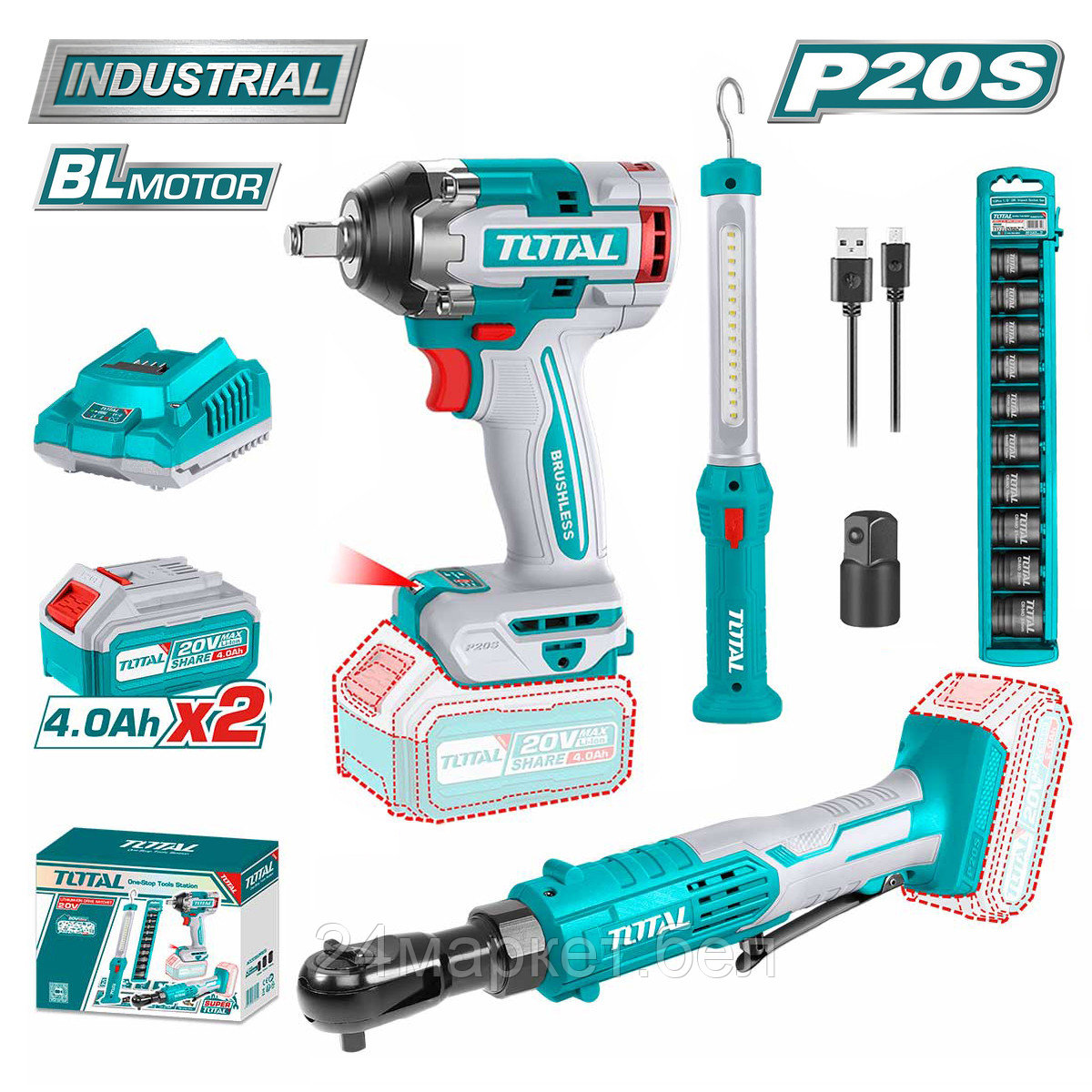 Total TOSLI240461 (гайковерт, трещотка, фонарь, 2 АКБ)