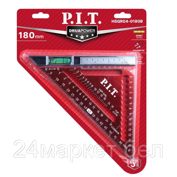 Угольник Свенсона метрический плотницкий с пузырьковым уровнем P.I.T. HSQR04-0180B (180 мм, магнит)