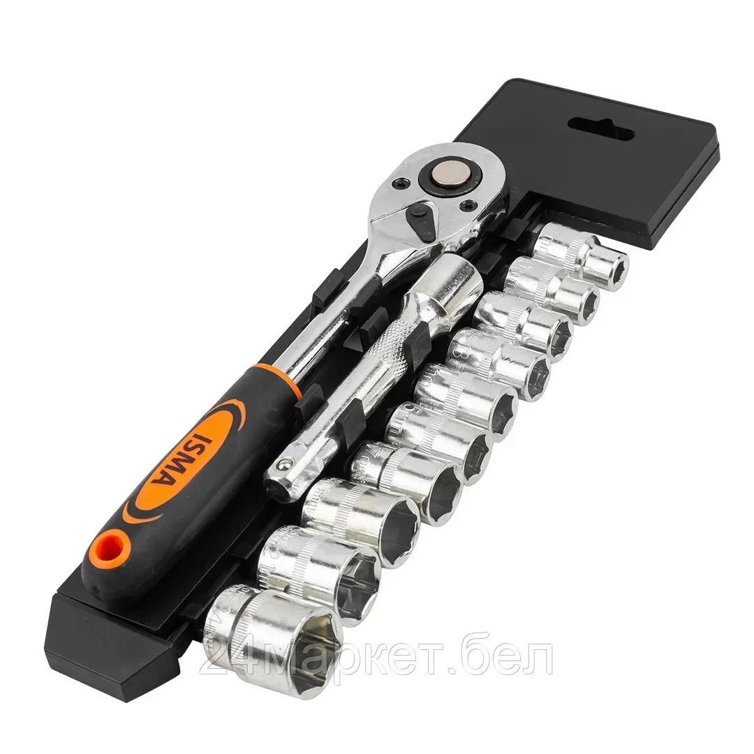 ISMA-4123 Набор головок с трещоткой и удлинителем 12пр.1/2''(6гр)(8,10,12-15,17,19,21,24мм),в пласт. держателе ISMA