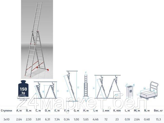 PRO STARTUL Россия Лестница алюм. 3-х секц. 250/631/264см 3х10 ступ., 15,3кг PRO STARTUL (ST9942-10)