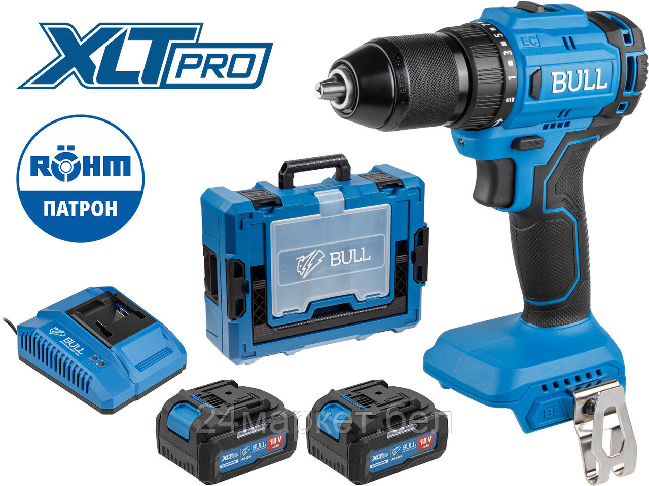 Аккум. дрель-шуруповерт BULL SR 1803 Xcase XLTpro БЕСЩЕТ., 2x4 А*ч, 18 В, 45 Н*м, БЗП 13 мм (шурупы до 10 мм, ROHM series) 2329055