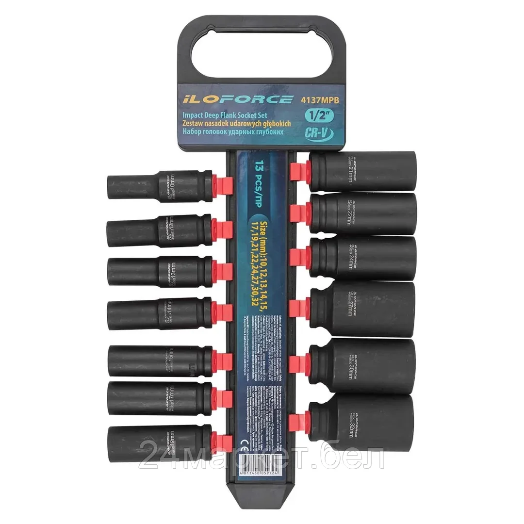 Набор головок ударных глубоких13пр.,1/2''(10, 12-15, 17, 19, 21, 22, 24, 27, 30, 32мм), на пластиковом держателе ILOforce IF-4137MPB