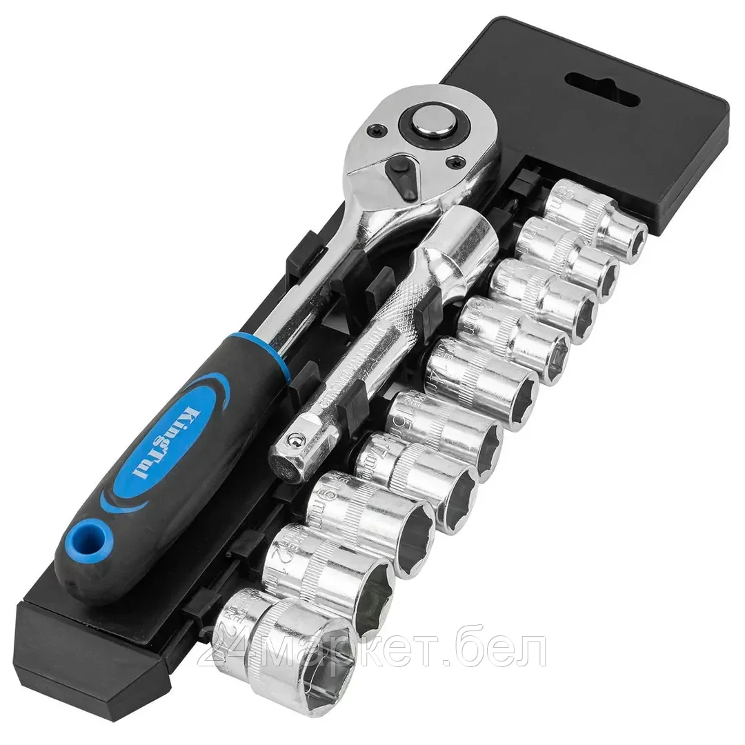 KT-4123 KINGTUL Набор головок с трещоткой и удлинителем 12пр.1/2''(6гр)(8,10,12-15,17,19,21,24мм),в пласт. Держателе