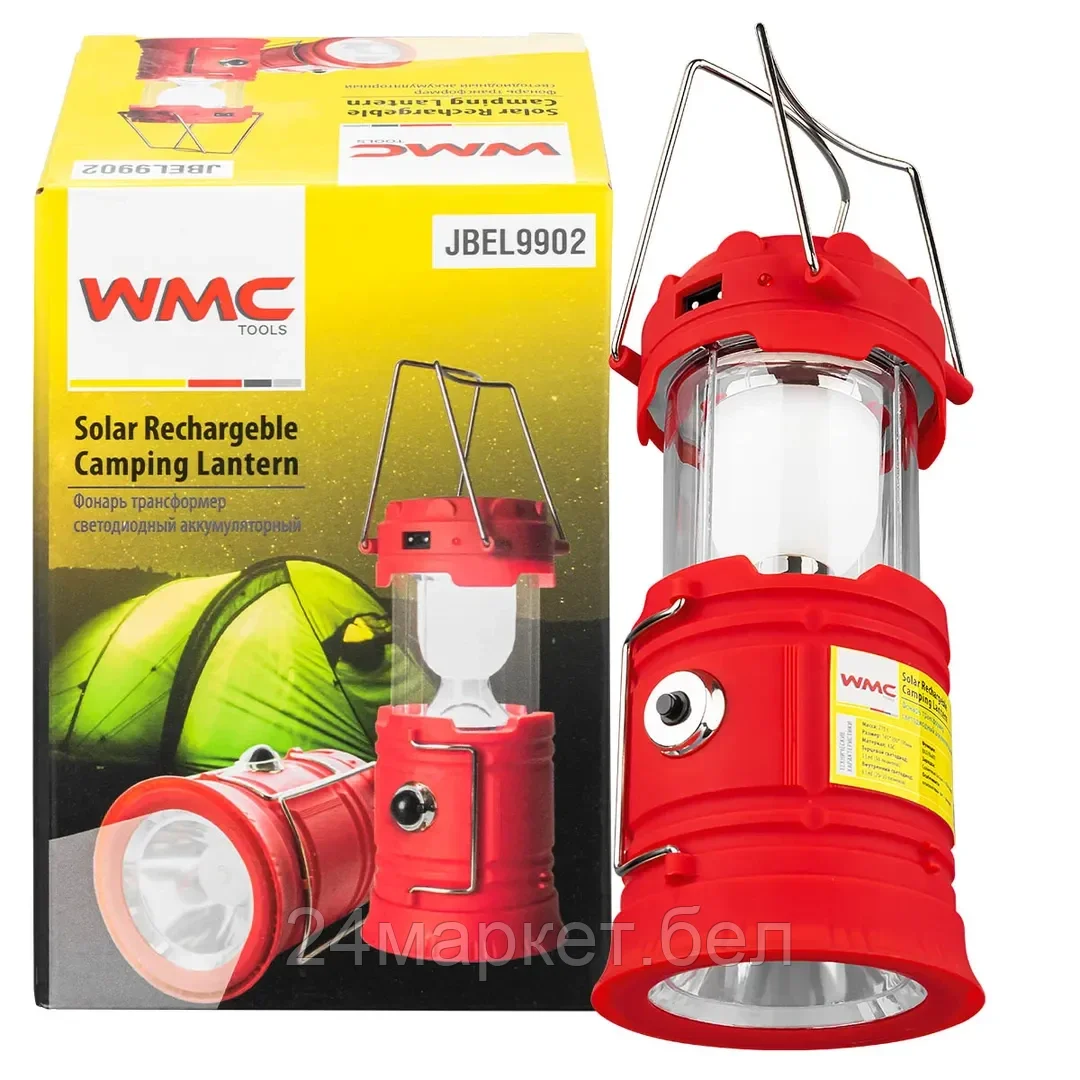 Фонарь-трансформер светодиодный аккумуляторный (торц.свет:1LED/50LUM;бок.свет:6LED/30LUM;заряд:солн.батарея, кабель 220V/USB,t  заряд.3-5ч,красный) WMC TOOLS WMC-JBEL9902