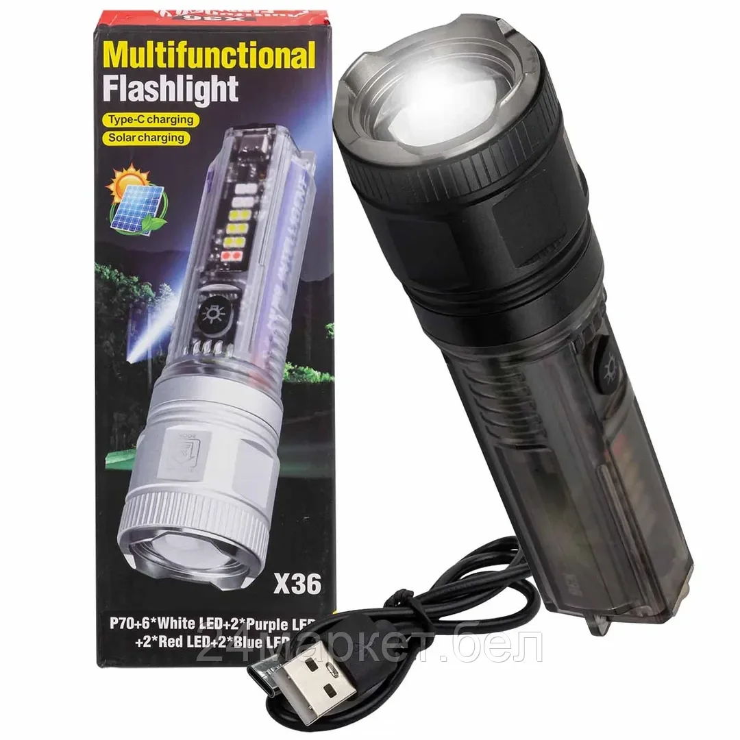 WMC-TH2194 WMC TOOLS Фонарь ручной аккумуляторный с функцией повербанка и солнечной панелью (7 реж. работы, аккум. 1800мАч, 15Вт, время работы 2-6ч, время зар. 4ч, 1000м)