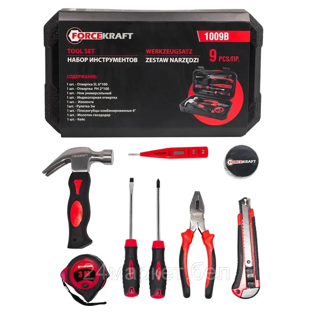 Набор инструментов 9пр.(отвертки:SL6мм,РН2,нож,индикатор.-я отвертка,изолента,рулетка 3м,плоскогубцы,молоток) FORCEKRAFT FK-1009B