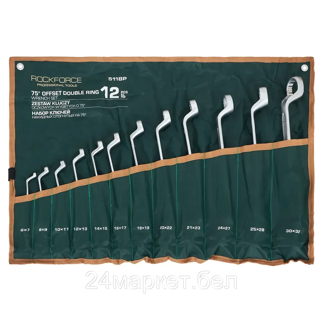 Набор ключей накидных отогнутых на 75грд. 11пр.(6x7,8x10,10x11,12x13,14x15,16x17,18x19,21x23,22x24,27x30, 32x36мм), на полотне Rock FORCE RF-5118P