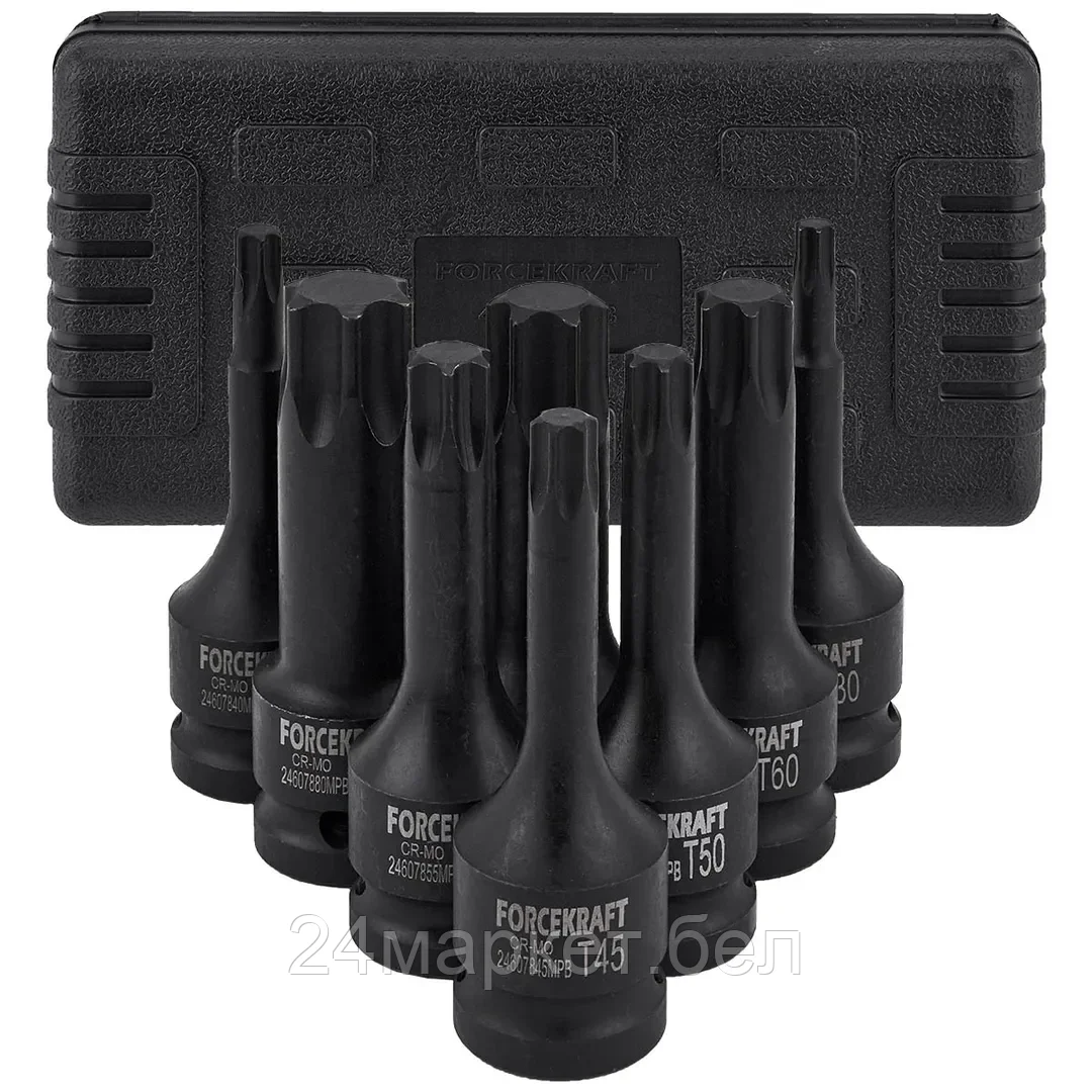 ForceKraft Набор головок-бит TORX ударных 8пр.,1/2"(T30, T40, T45, T50, T55, T60, T70, T80), в кейсе FORCEKRAFT FK-4088MPB