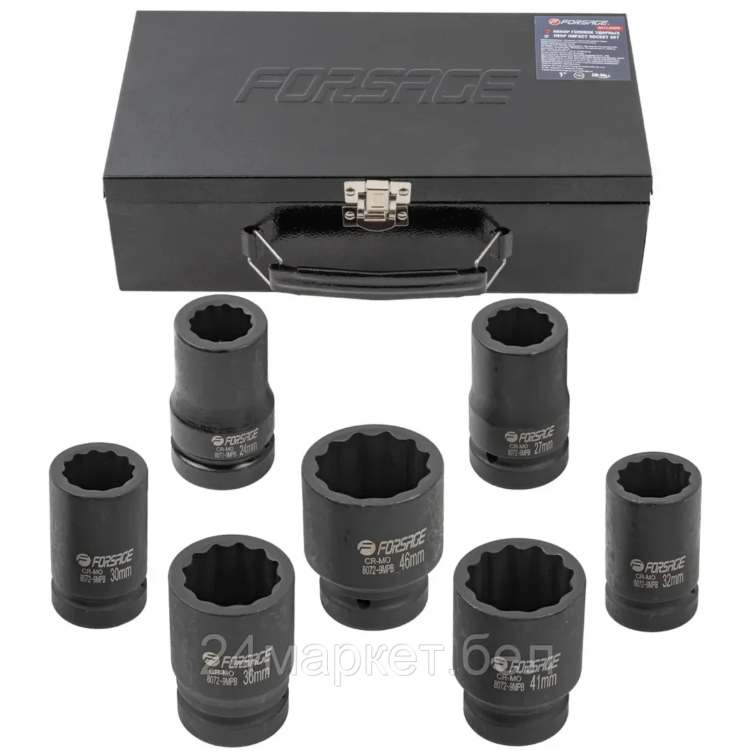 Набор головок ударных глубоких 1" 7пр. (12гр.) (24,27,30,32,36,41,46мм) Forsage F-8072-9MPB