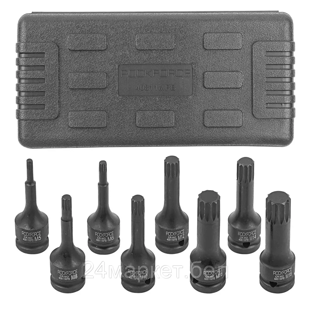 Набор головок-бит SPLINE ударных 8пр.,1/2"(M5, M6, M8, M10, M12, M14, M16, M18), в кейсе Rock FORCE RF-40811MPB