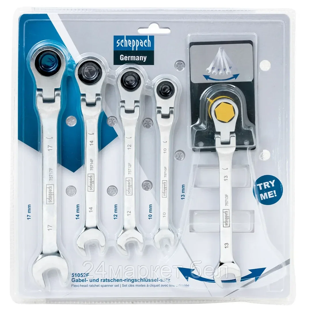Sch-51052F Ключи комбинированные трещоточные с шарниром, набор 5пр. (10, 12-14, 17мм) Scheppach