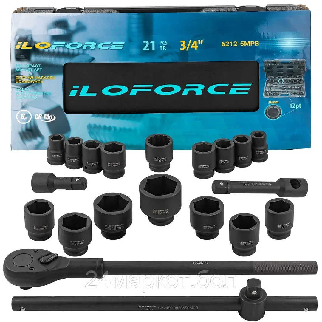 IF-6212-5MPB ILOforce Набор инструментов ударных 21пр, 3/4" (6гр.)(17,19,21,22,24,27,30,32,34,35,36,36-12гр.,38,41,46,50мм), в метал. кейсе