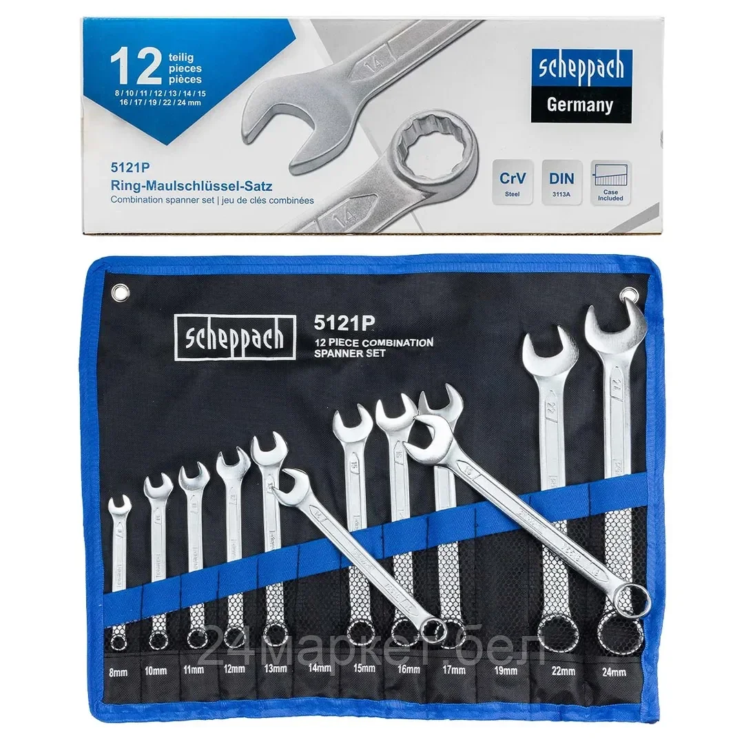 Sch-5121P Scheppach Ключи комбинированные, набор 12пр. (8, 10-17, 19, 22, 24мм) на полотне