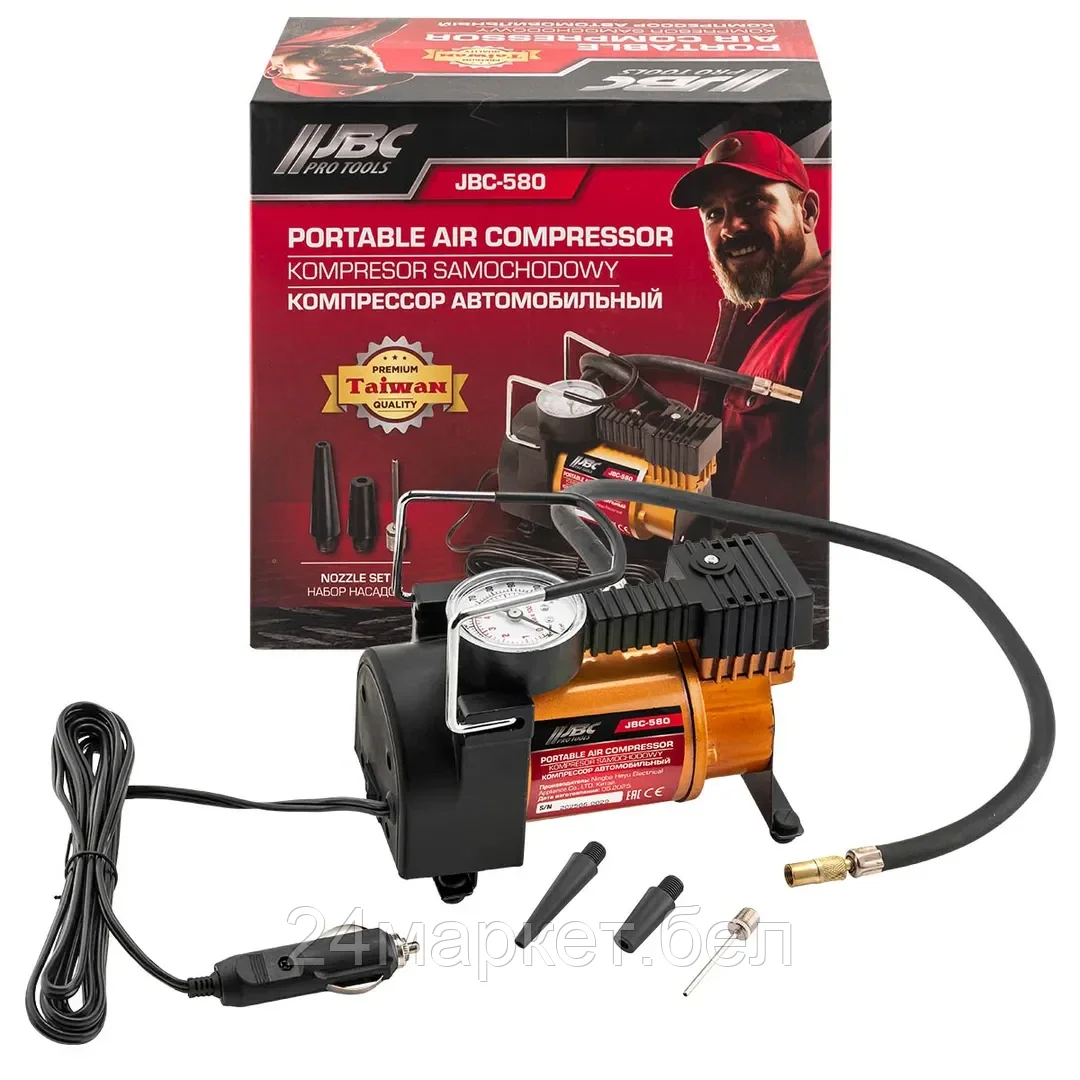 JBC-580 Компрессор автомобильный поршневой одноцилиндровый с аналоговым манометром (12В, 10А, 30л/мин, 7бар) в комплекте с переносной сумкой JBC
