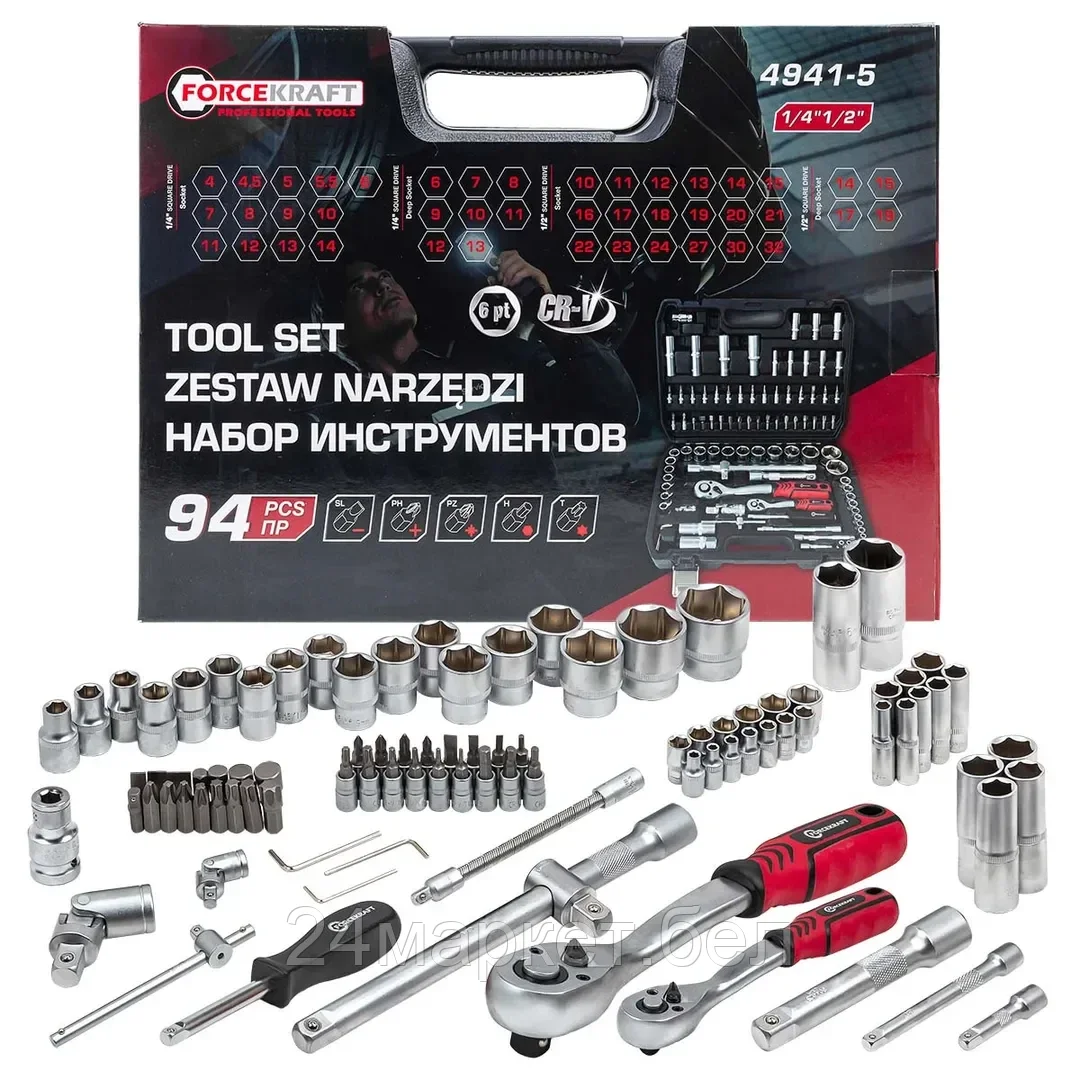 Набор инструментов 94пр. 1/2",1/4" (6гр.)(4-32мм) Profi FORCEKRAFT FK-4941-5