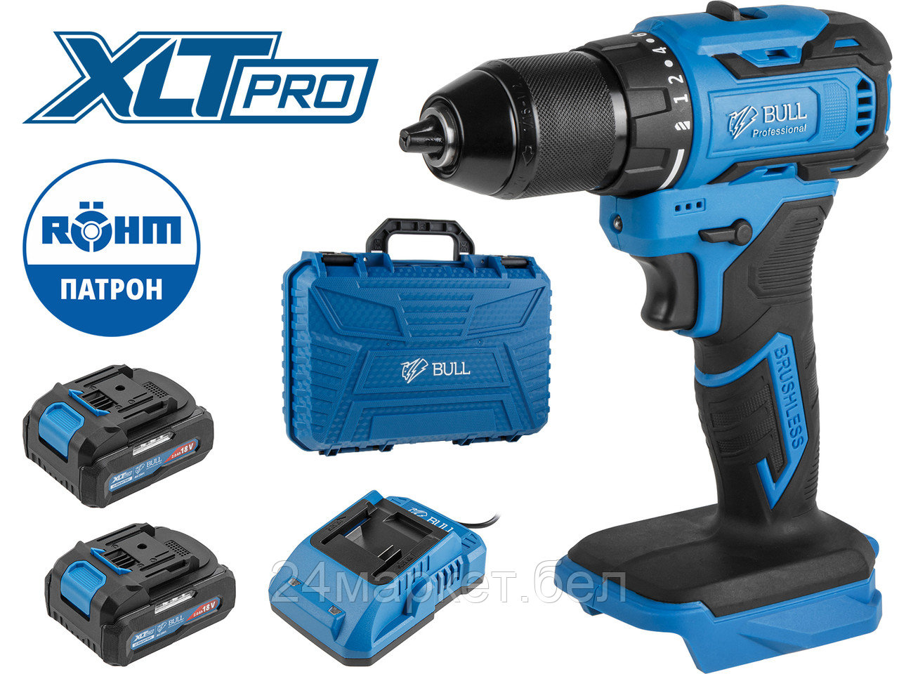 Аккум. дрель-шуруповерт BULL SR 1804 R-series в чем. XLTpro БЕСЩЕТ., Импульс., 18 В, 50 Н*м, 2х2 А*ч (шурупы до 10 мм) 2329056