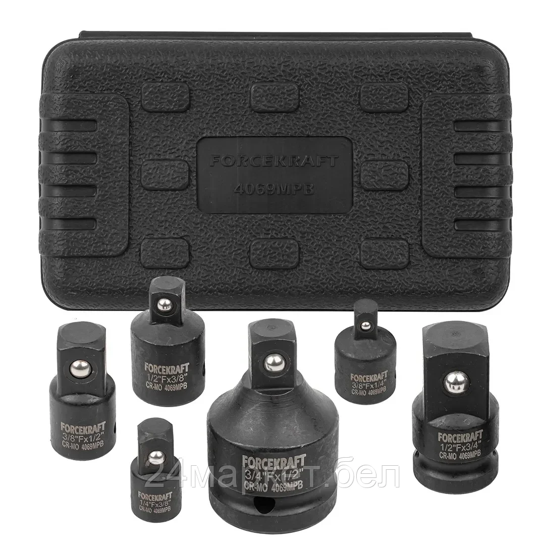 ForceKraft Набор адаптеров ударных, 6пр.(1/4"(F)x3/8"(M),3/8"(F)x1/4"(M),3/8"(F)x1/2"(M),1/2"(F)x3/8"(M),1/2"(F)x3/4"(M),3/4"(F)x1/2"(M)в кейсе FORCEKRAFT FK-4069MPB