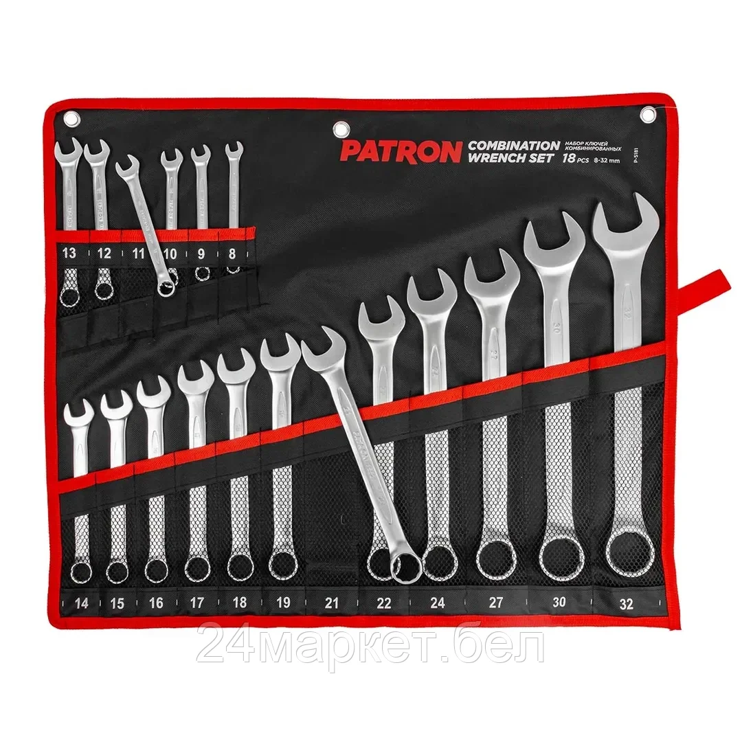 Patron Набор ключей комбинированных 18 пр (8,9,10,11,12,13,14,15,16,17,18,19,21,22,24,27,30,32мм), на полотне PATRON P-5181