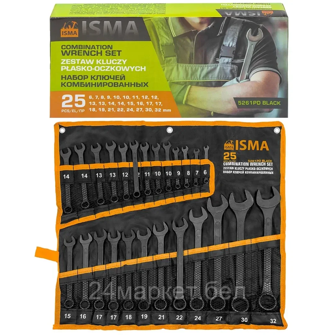 ISMA-5261PD BLACK Набор ключей комбинированных 25пр. (6-9,10х2шт,11,12х2шт,13х2шт,14х2шт,15,16,17х2шт,18,19,21,22,24,27,30,32),на полотне ISMA