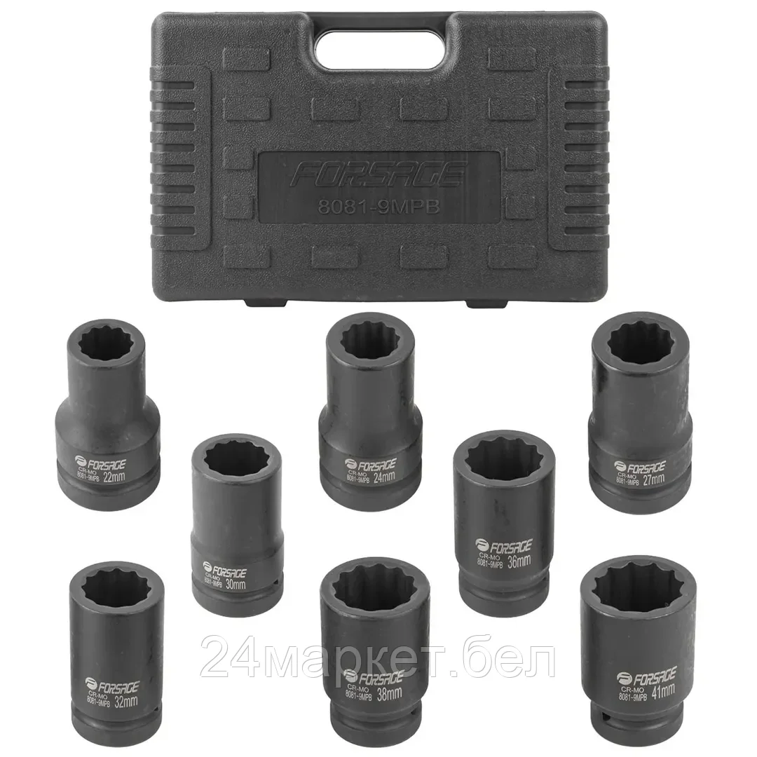 Набор головок ударных глубоких 1" 8пр. (12гр.) (22,24,27,30,32,36,38,41мм) Forsage F-8081-9MPB