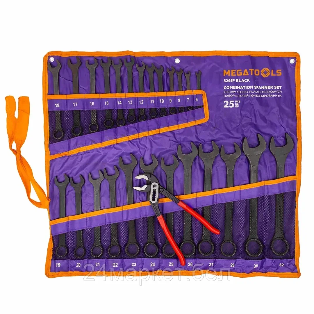 MT-5261P+1 BLACK Набор ключей комбинированных и рожковых 25пр. MEGATOOLS