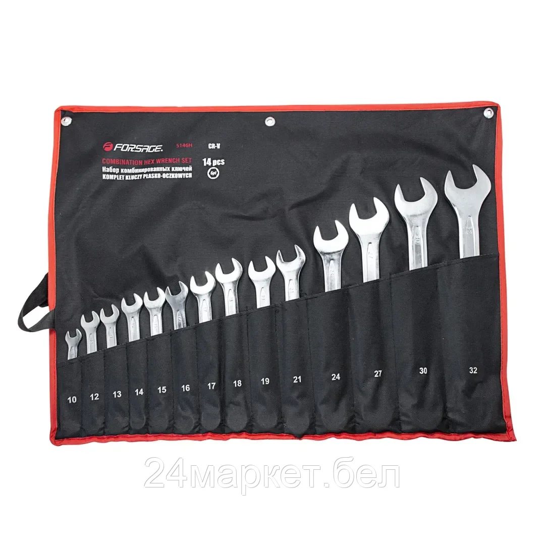 FORSAGE Набор ключей комбинированных 6гр., 14пр. (10, 12-19, 21, 24, 27, 30, 32мм), на полотне