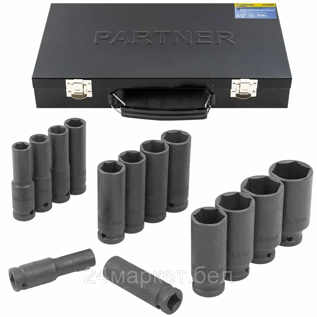 Набор головок ударных глубоких 14 пр., 1/2" ( 11-15, 17-19, 21, 22, 24, 27, 30, 32мм), в кейсе Partner PA-4141MPB