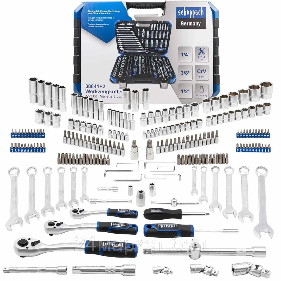 Sch-38841+2 Scheppach Набор инструментов 216+2пр. 1/4", 3/8", 1/2" (6гр.) (4-32мм)