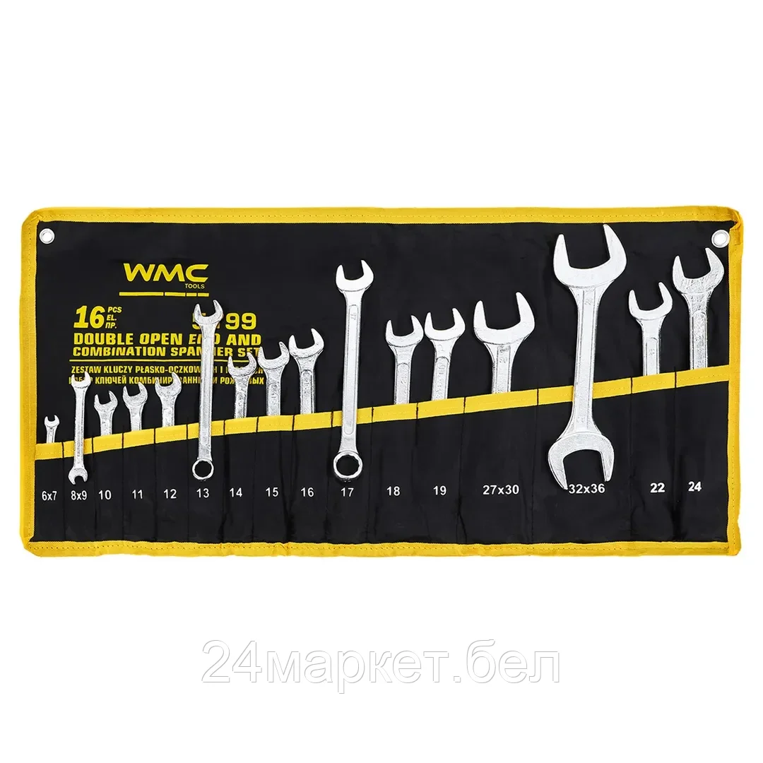 WMC TOOLS Набор ключей комбинированных и рожковых,16пр.(6х7,8х9,10,11,12,13,14,15,16,17,18,19,22,24,27х30,32х36мм),в пластиковом держателе WMC TOOLS 5199
