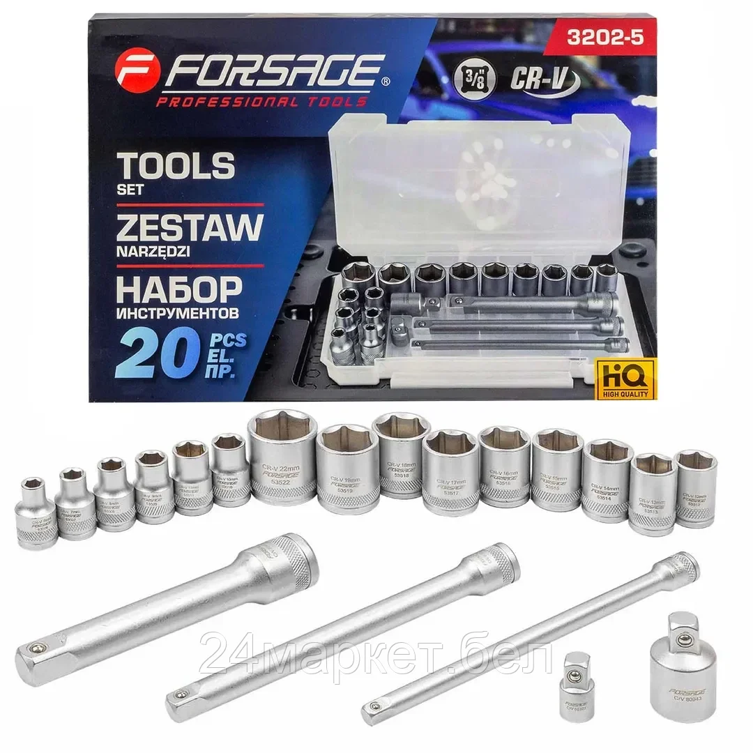 F-3202-5 Forsage Набор инструментов 3/8' 20пр. 6гр. (6-22мм) в пласт.кейсе