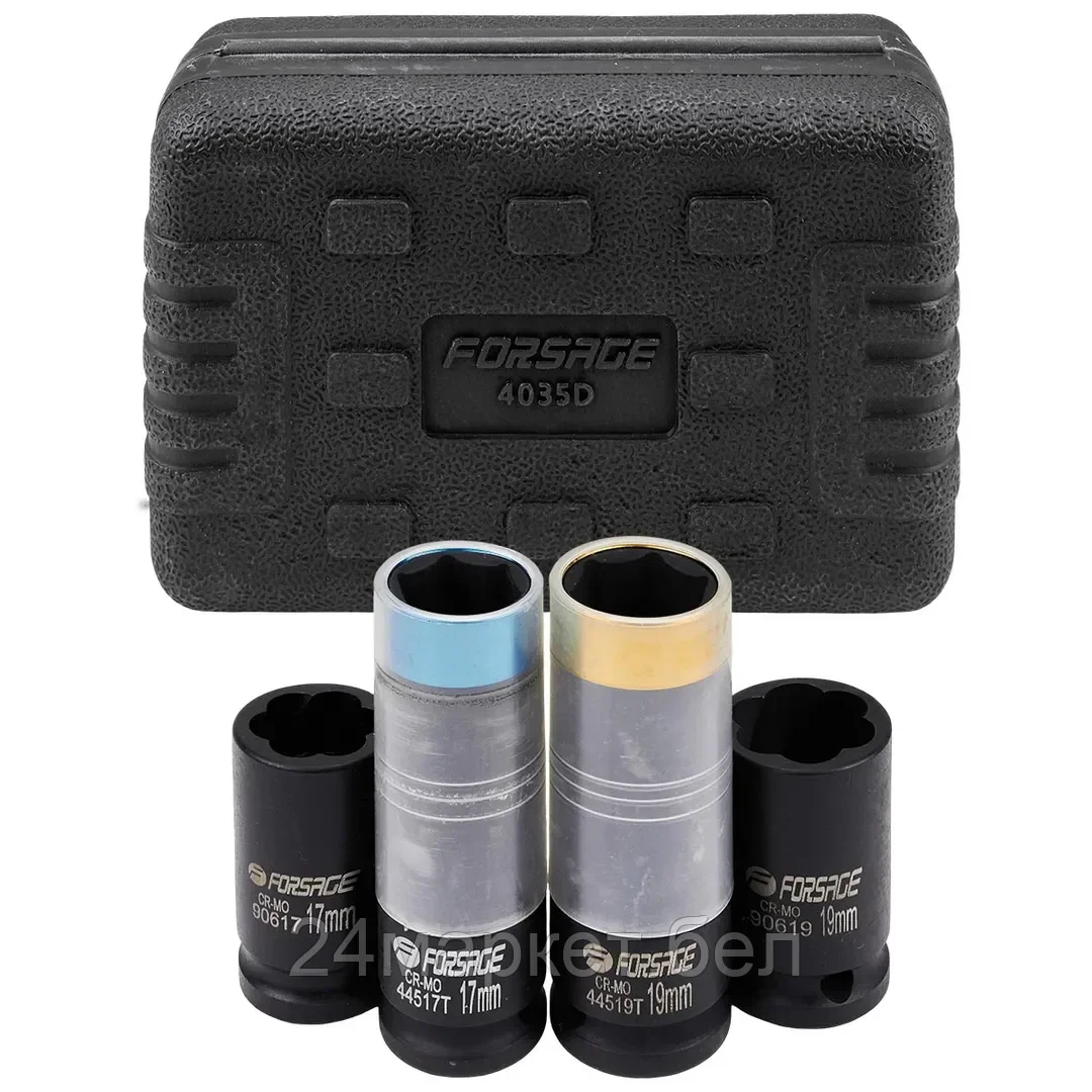 F-4035D Головки, набор 4пр. (17, 19мм (6гр.), 17, 19мм (сорв.гр.) Forsage