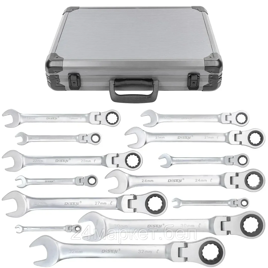 Набор ключей комбинированных трещоточных с шарниром13пр.(8,10,12-14,17,19,21,22,24,27,30,32мм),в кейсе Premium DISEN DSL1701F