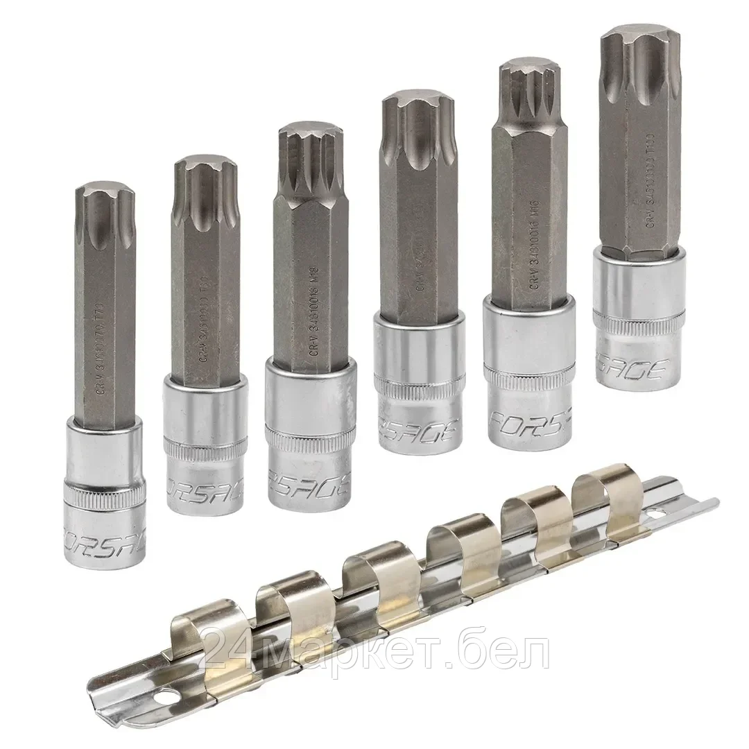 FORSAGE Набор головок-бит разнопрофильных Spline&Torx, 6 пр.(М16, М18,Т70,Т80,Т90,Т100; L-100мм), на планке Forsage F-40918L