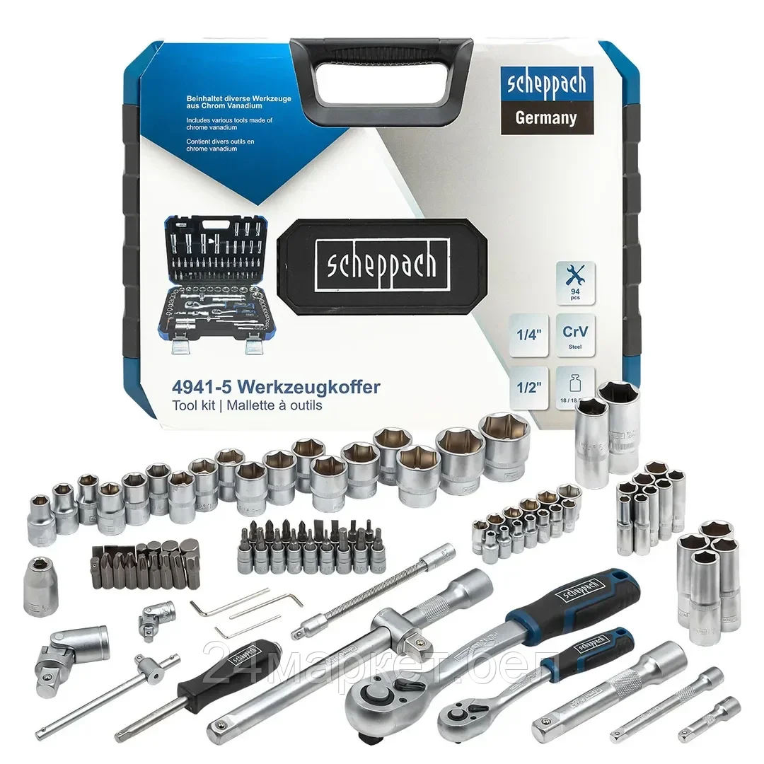 Sch-4941-5 Scheppach Набор инструментов 1/4"  1/2", 94пр. (6-гран)