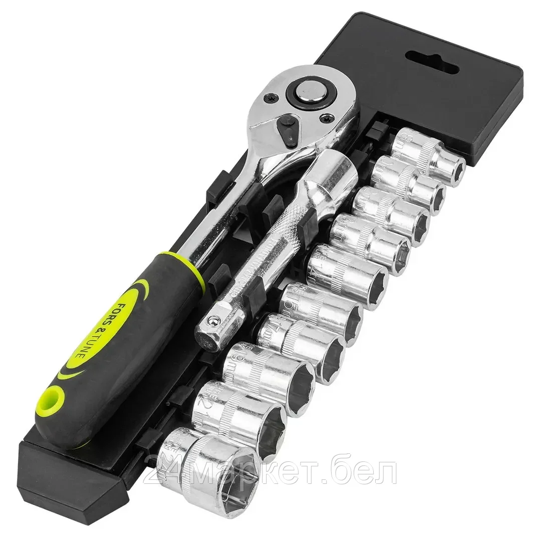 FORSandTUNE-4123 FORSandTUNE Набор головок с трещоткой и удлинителем 12пр.1/2''(6гр)(8,10,12-15,17,19,21,24мм),в пласт. Держателе
