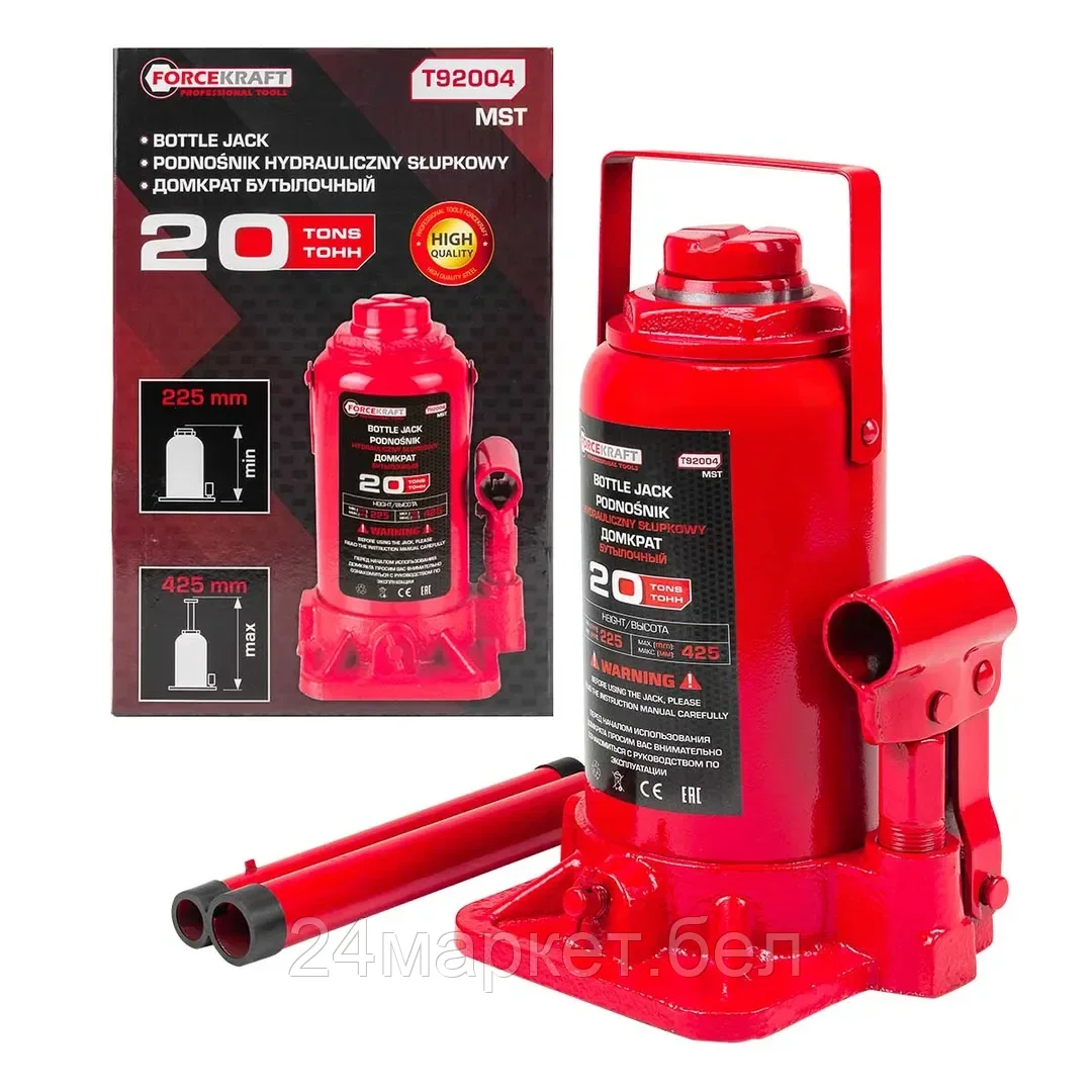 FK-T92004 MST FORCEKRAFT Домкрат бутылочный 20т с клапаном (h min 225мм, h max 425мм, ход штока-140мм, ход винта-60мм)