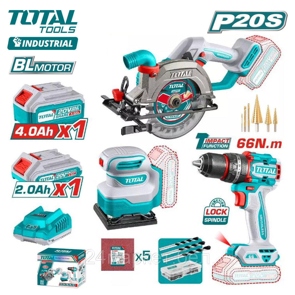 Total TOSLI241193 (циркулярная пила, шуруповерт, шлифмашина, 2 АКБ)
