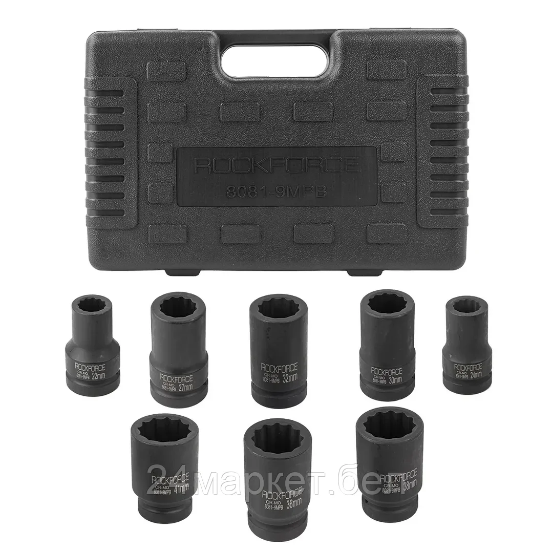 Набор головок ударных глубоких 1" 8пр. (12гр.) (22,24,27,30,32,36,38,41мм) Rock FORCE RF-8081-9MPB