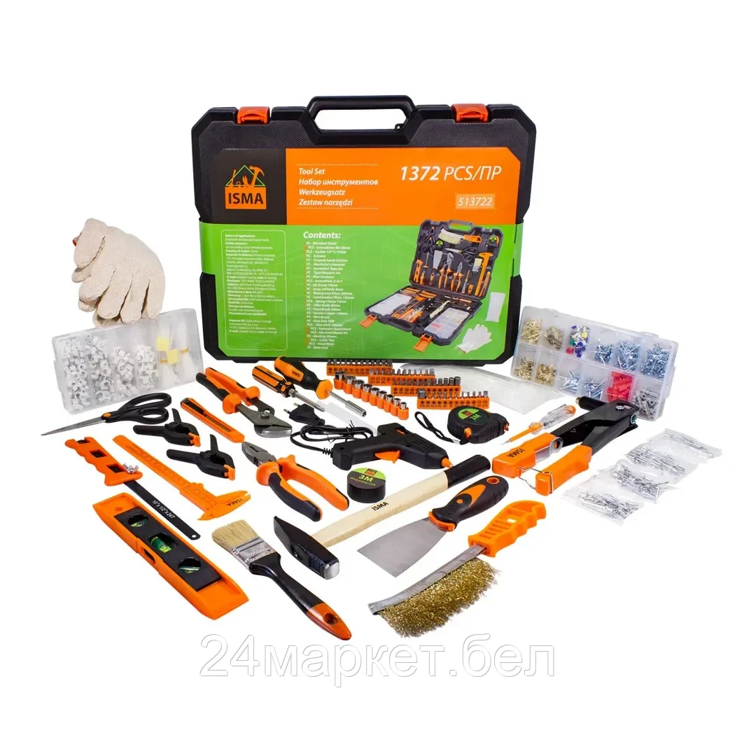 Набор инструментов 1372пр.1/4''(6-гр.) (5-13мм, шарнирно-губцевый,биты,молоток,рулетка,уровень,клеевой пистолет,расходник) ISMA ISMA-513722