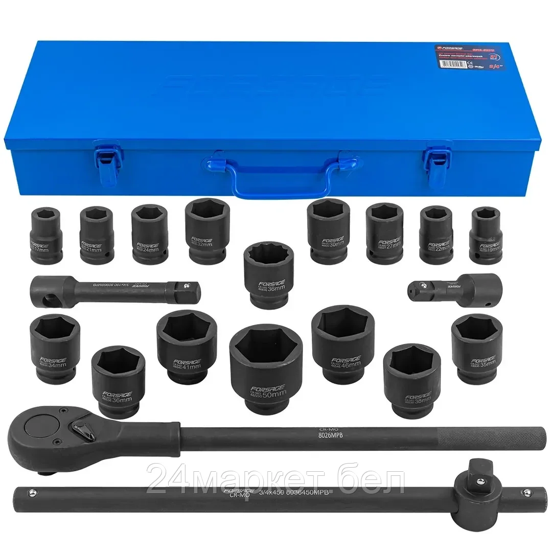 F-6212-5MPB Forsage Набор инструментов ударных 3/4", 6гр, 21пр(17,19,21,22,24,27,30,32,34,35,36,36-12гр,38,41,46,50мм), в металл.кейсе