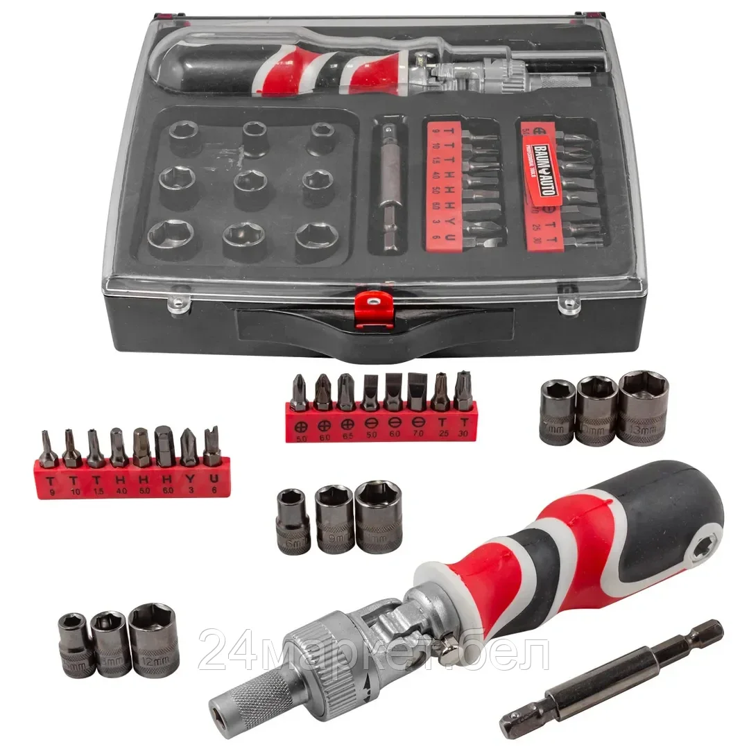 Отвертка реверсивная поворотная, усиленная  с комплектом бит и головок (27пр.) в пластиковом футляре. BM-30314227