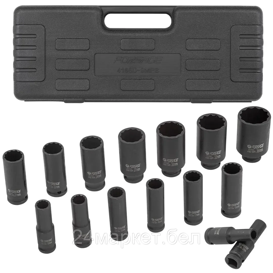 Набор головок ударных глубоких 15пр.,1/2" 12гр.(10,12-17,19,21,22,24,27,30,32,36мм), в пластиковом кейсе Forsage F-4166D-9MPB